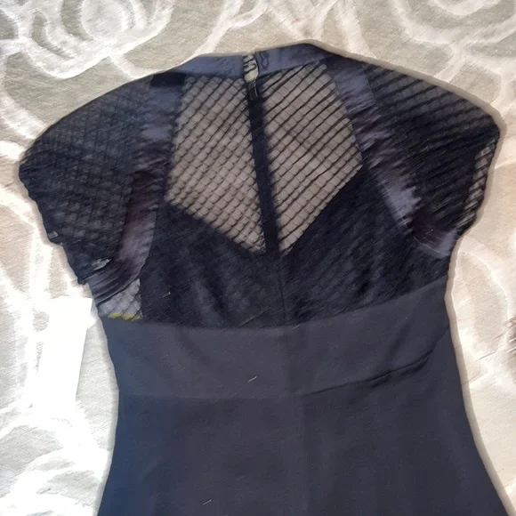 NWT🌷BADGLEY MISCHKA🌷Black net illusion trim silk sweetheart neck SS flare LBD - Picture 4 of 6